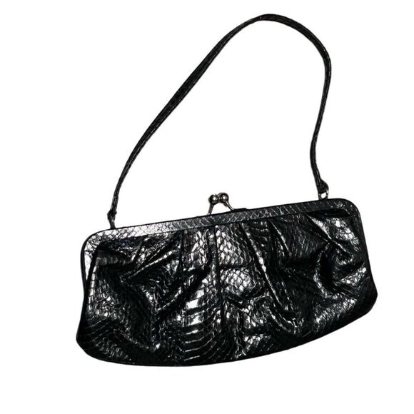 Vintage 90s Y2k Bebe Black Snakeskin Leather Small Evening Handbag Clutch Party - Picture 2 of 13